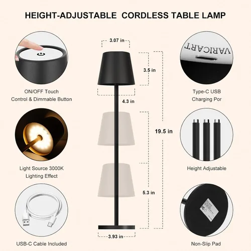 Vista 7 de Lámpara de mesa inalámbrica de metal, lámpara de batería recargable de 5000 mAh con 3 secciones de altura ajustable (8.8 a 20 pulgadas), control