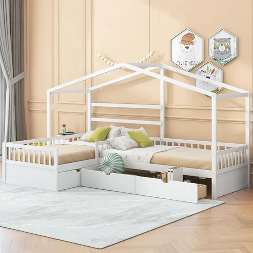 Vista 10 de Harper & Bright Designs - Cama de plataforma de tamaño individual con cajones de almacenamiento y techo, marco de cama de madera con valla de Gris