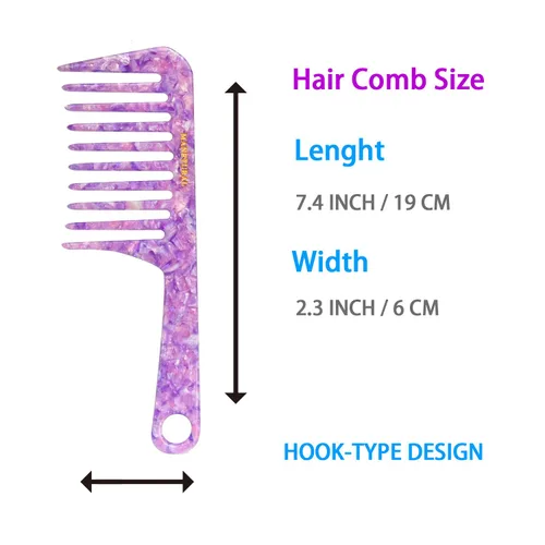 Vista 4 de D1 Peine de mango de dientes anchos para cabello rizado Eleva, conserva el rizo, suaviza el cabello. Peine de acetato (morado brillante)