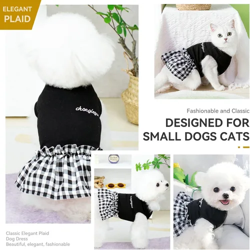 Vista 4 de PETCARE Vestido clásico para perros pequeños, vestidos negros a cuadros para perros, suave y lindo vestido de verano para cachorros, camisa Shih Tzu