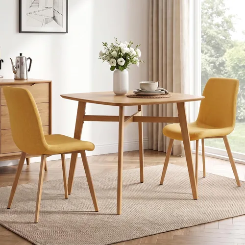 Vista 7 de HIPIHOM 3-Piece Oak Dining Table Set for 2, 31.5in Table with Steel Legs Oak Table+2 Yellow Chairs