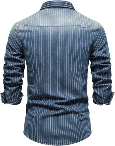 Vista 2 de LONGBIDA Camisa de mezclilla para hombre, con botones, de manga larga, casual, ajustada