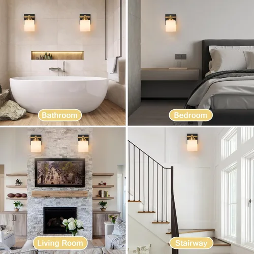 Vista 6 de 1 Luminaria Moderna de Baño sobre Espejo, Luces de Tocador Negro Dorado para Apliques de Pared de Baño con Pantallas de Vidrio Blanco Lechoso