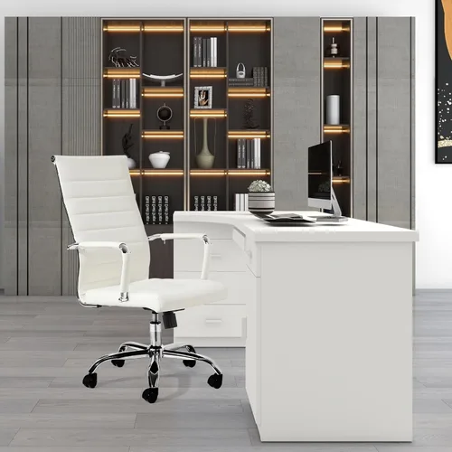 Vista 6 de Our Modern Space Silla de escritorio ejecutiva acanalada con respaldo alto y soporte lumbar ergonómico, ruedas giratorias, ruedas multisuperficie