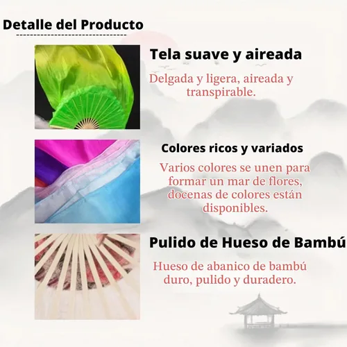 Vista 4 de 1 par (izquierdo + derecho) de abanicos de seda artificial de bambú para danza del vientre, abanicos de tela coloridos para danza, abanicos largos