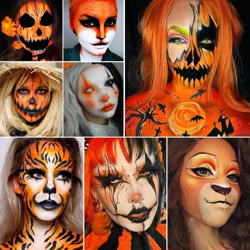 Vista 4 de Pintura corporal negra, naranja y amarilla, kit de maquillaje de espantapájaros de Halloween (3 esponjas + 5 pinceles), 9 piezas de pintura facial