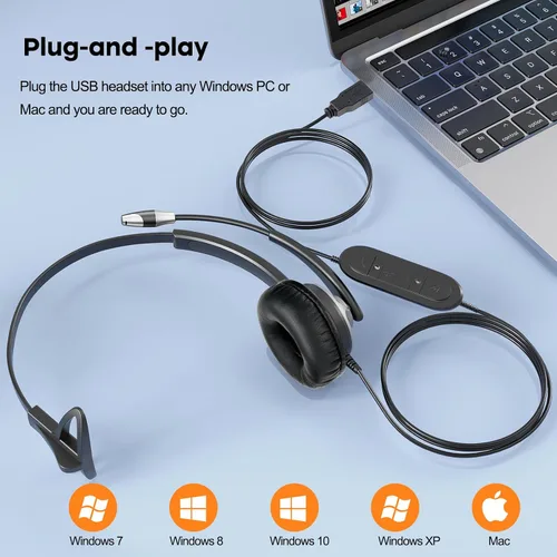 Vista 4 de MKJ Auriculares USB con micrófono para PC, auriculares de computadora con micrófono de cancelación de ruido para centro de llamadas y oficina