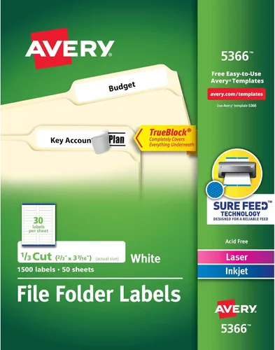 Vista 8 de Avery TrueBlock Etiquetas para carpetas de archivos, 2/3" x 3-7/16", 1,500 etiquetas imprimibles, blancas, permanentes (5366)