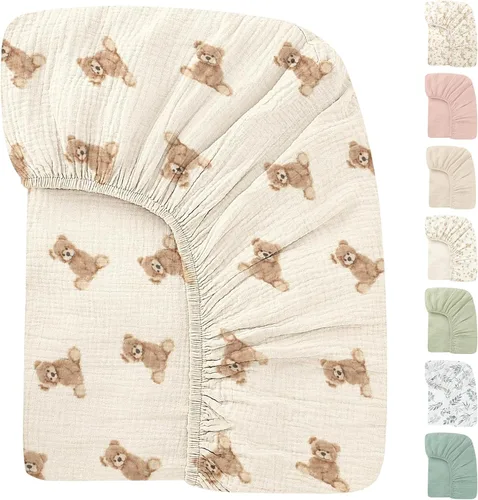Vista 14 de Sábanas orgánicas para cuna de bebé de 33 x 17 pulgadas, 100% algodón de muselina para bebé, niña, niño, funda de colchón ajustable suave compatible