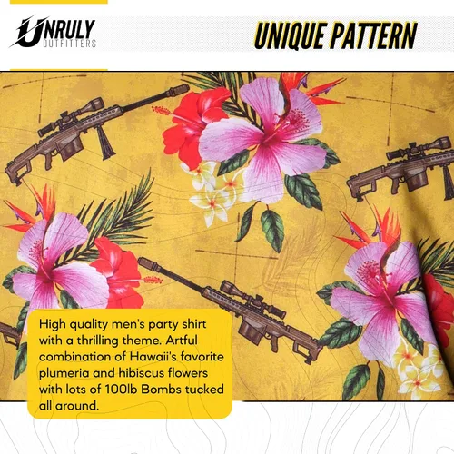 Vista 4 de Unruly Outfitters - Camisa hawaiana novedosa para hombre, rifles de francotirador y flores para el trabajo, fiesta, barbacoa