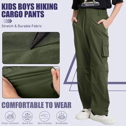 Vista 5 de Pantalones para niños, para senderismo, carga, safari, de secado rápido Verde militar