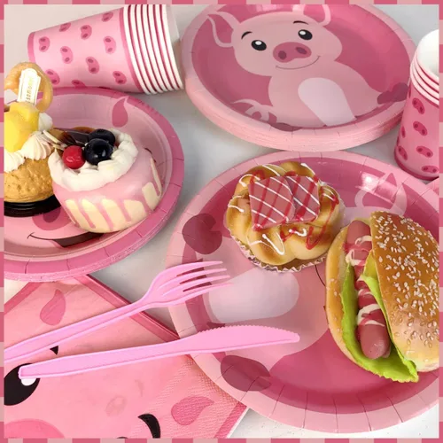 Vista 4 de Decoraciones de cumpleaños de cerdo, juego de vajilla de cerdo de granja de 143 piezas, platos temáticos de cerdo rosa y servilletas, suministros