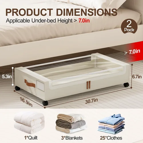 Vista 2 de LAMU Almacenamiento debajo de la cama con ruedas, paquete de 2 contenedores de almacenamiento debajo de la cama con tapa transparente y asa de piel