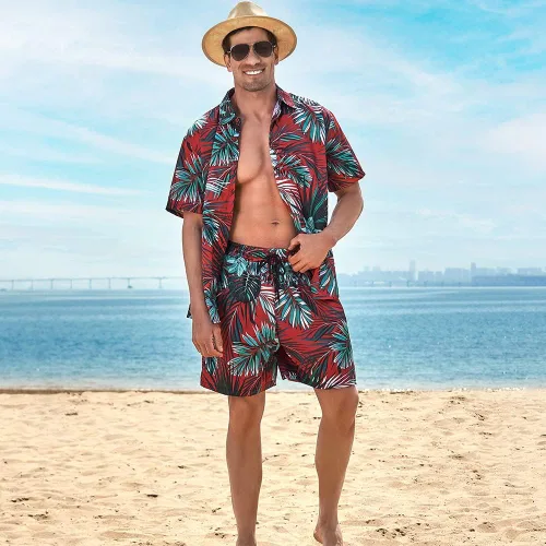Vista 2 de Camisa hawaiana de 2 piezas para hombre, camisa casual de manga corta con botones