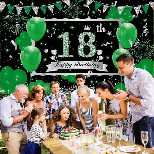Vista 5 de Cartel verde de cumpleaños número 18 – Cartel grande plateado de feliz 18 para niños y niñas – 73 x 44 pulgadas