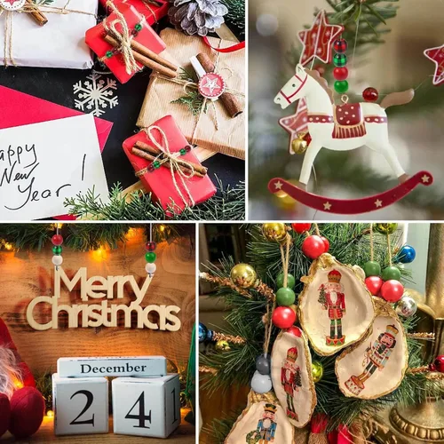 Vista 5 de Modacraft 300 cuentas de madera de Navidad para manualidades, cuentas de madera a cuadros de búfalo de 0.63 pulgadas con cuerda de cáñamo de 65 pies