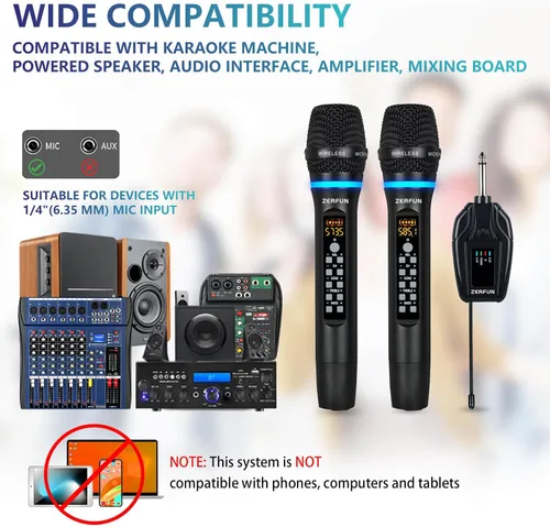 Vista 2 de Micrófonos inalámbricos duales recargables, sistema de micrófono inalámbrico de metal UHF micrófono inalámbrico profesional con control de eco