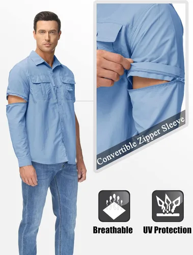 Vista 3 de TACVASEN Camisa de manga larga convertible, transpirable, de secado rápido, con protección UV, para hombre