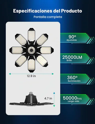 Vista 3 de luces LED de garaje - 250W techo LED con 8 paneles ajustables, 25000LM luz de tienda deformable para garaje, sótano, granero, luz de techo alto