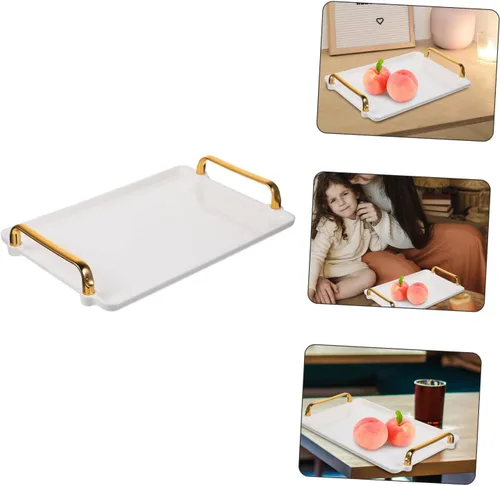 Vista 9 de KICHOUSE Bandeja de almacenamiento de plástico con asas para mesa de café, juego de té, desayuno, comida rápida, bandeja rectangular elegante
