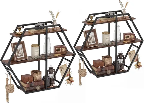 Vista 10 de Tangkula Hexagon Wall Shelf, 3-Tier Geometric Bookcase with 4 S-Shaped Hooks & Heavy Duty Metal Frame, Wall Mounted Industrial Display Storage Rack