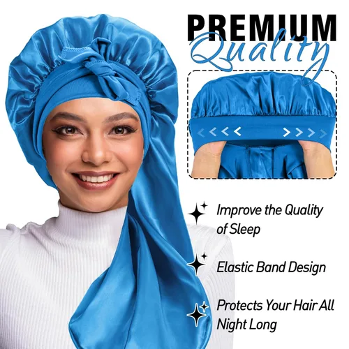 Vista 2 de 2 Gorros para Mujeres Negras Gorro de Trenzas, Gorro de Satén Grande y Largo para Trenzas, Gorro de Seda con Banda de Amarre Elástica Extensible