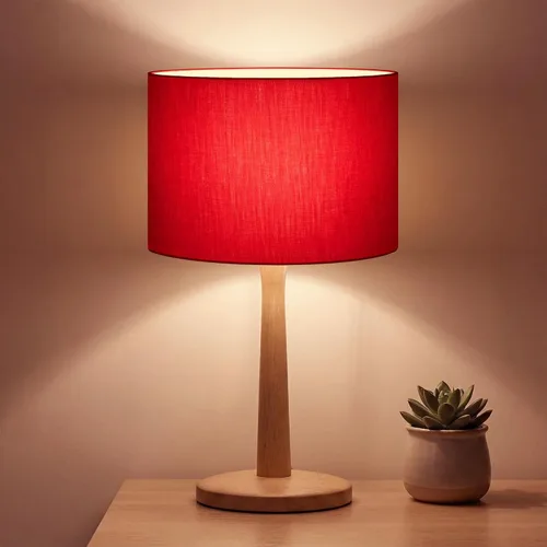 Vista 10 de Lámpara de mesa de madera natural maciza de 16.3 pulgadas con pantalla de tambor de lino para sala de estar, lámpara de mesita de noche regulable