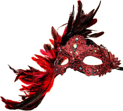 Vista 3 de Máscara veneciana veneciana de lujo para mujer con plumas laterales - rojo, Rojo