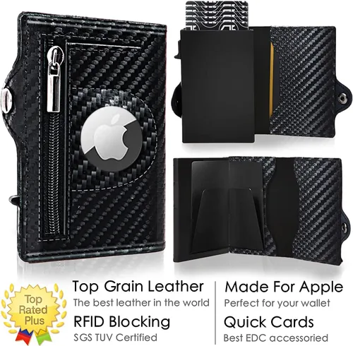 Vista 7 de Gemonklee Billetera emergente, soporte de aluminio para tarjetas de crédito con soporte para AirTag con cremallera RFID, cartera con clip