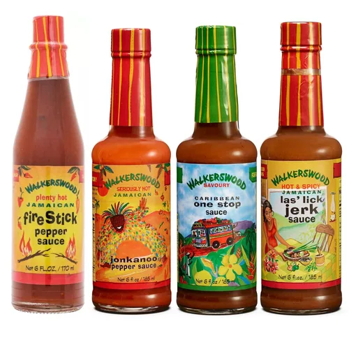 Vista 3 de Kit de Salsas Picantes y Sabrosas Walkerswood - 1 x Salsa Fire Stick de 6oz, 1 x Salsa Picante de Pimienta Hot JonKanoo de 6oz, 1 x Salsa Zesty