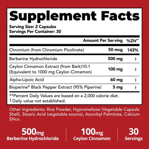 Vista 7 de Berberina HCL de 500 mg con canela de Ceilán, soporte metabólico 5 en 1 con BioPerine®, ALA y cromo, apoyo energético y bienestar, 60 cápsulas