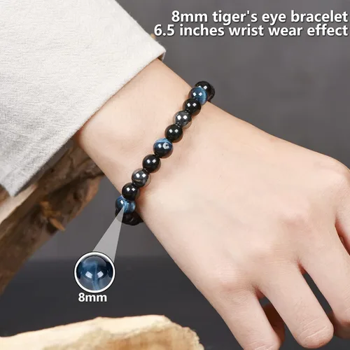 Vista 13 de SAMXY Triple Protection Bracelet, 8mm Healing Crystal Bead Bracelet, 3pcs Blue Red Tiger's Eye Obsidian Hematite Bracelet Women Men