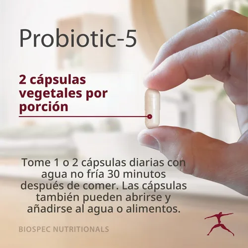 Vista 4 de BIOSPEC NUTRITIONALS Probiotic-5 - Complejo probiótico de amplio espectro con 5 mil millones de microorganismos y 5 cepas únicas por cápsula