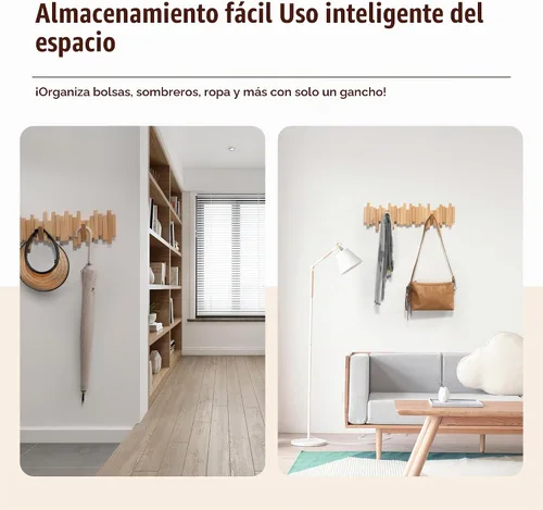 Vista 2 de DESAINOPH® Perchero de abrigos de madera montado en la pared, varillas multifuncionales de madera maciza hechas a mano con 5 ganchos modernos