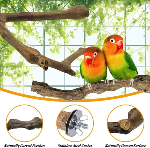 Vista 5 de kathson 3 piezas de perca natural de loro para jaula de madera para pájaros de uva, palito de pájaro de uva, periquitos, ramas de pie, juguete