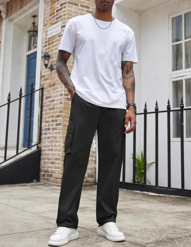 Vista 4 de COOFANDY Pantalones cargo casuales para hombre, pantalones deportivos de algodón con cordón