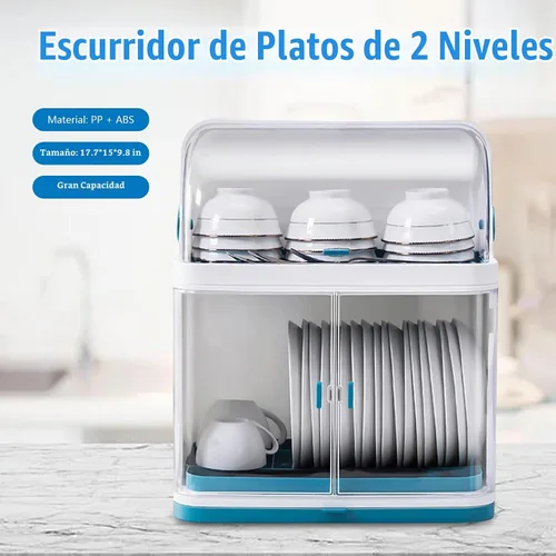 Vista 4 de Escurridor de platos con tapa, estante de secado de plástico de 2 niveles para cocina, platos y almacenamiento de platos