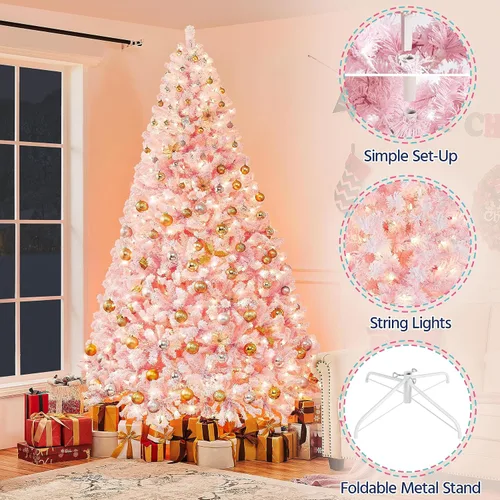 Vista 2 de Yaheetech Árbol de Navidad artificial preiluminado de 9 pies con luces incandescentes blancas cálidas, árbol de Navidad completo con nieve Rosa