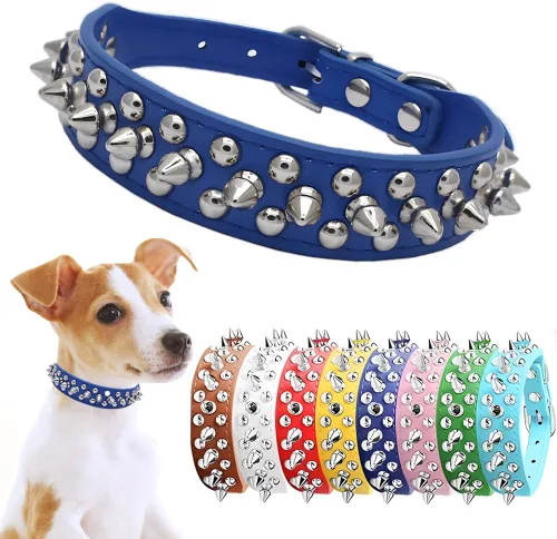 Vista 12 de Collar de perro con púas para perros pequeños, a prueba de masticación, collar de púas para perros y gatos, de piel sintética, con remaches