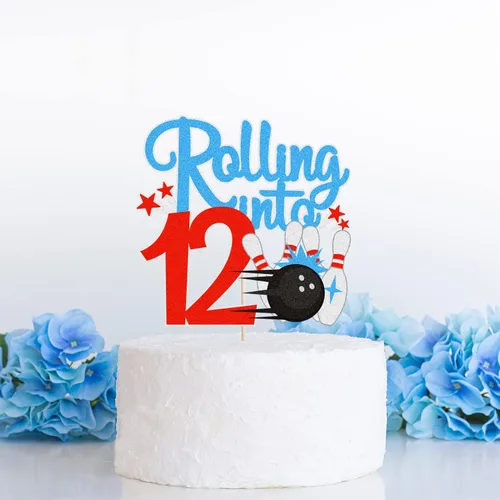 Vista 2 de Bowling Rolling Into 12 Happy 12th Birthaday - Decoración de pastel de bola de boliche de 12 cumpleaños con purpurina - Decoración de pastel
