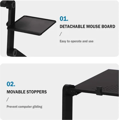 Vista 5 de Escritorio plegable de aluminio para laptop, soporte de mesa portátil ajustable con alfombrilla para mouse, escritorio ergonómico para cama y sofá