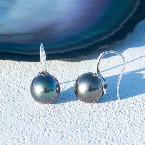 Vista 9 de Aretes de oro de 10 quilates con moissanita de 9 a 0.433in, perlas negras naturales seleccionadas a mano con calidad AAAA, diamante de moissanita