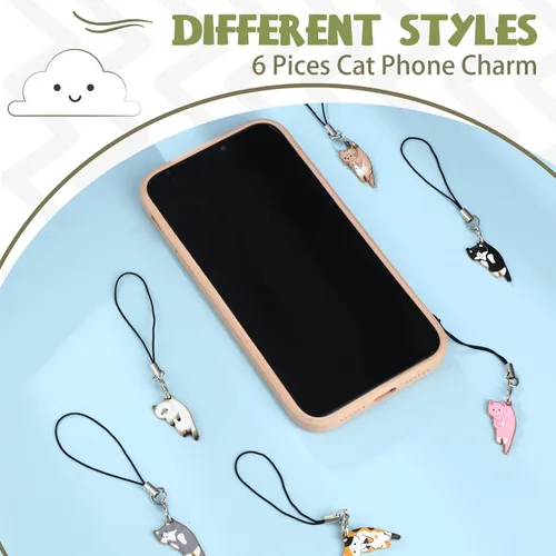 Vista 6 de Yinkin 6 Piezas de Colgante de Gato para Teléfono Móvil, Correa de Colgantes Kawaii, Linda Colgante de Gato para Mochila, Billetera, Colgante