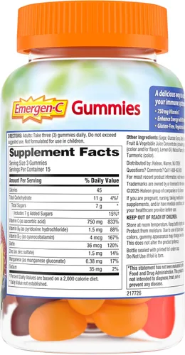 Vista 10 de Emergen-C Gomitas de vitamina C de 750 mg para adultos, gomitas de apoyo inmunológico, sin gluten, sabores de fresa, limón y arándanos, 45