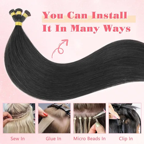 Vista 4 de ABH AMAZINGBEAUTY HAIR Extensiones de cabello humano Remy real para coser, atadas a mano, color negro azabache de 18 pulgadas, para mujer, 1.76 onzas