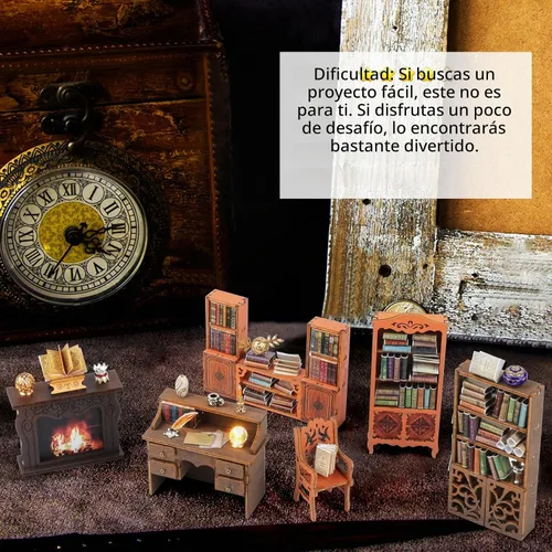 Vista 5 de Kit de rincón de libros de bricolaje: estante de rompecabezas de madera 3D con luz LED, decoración de sujetalibros en miniatura para adultos