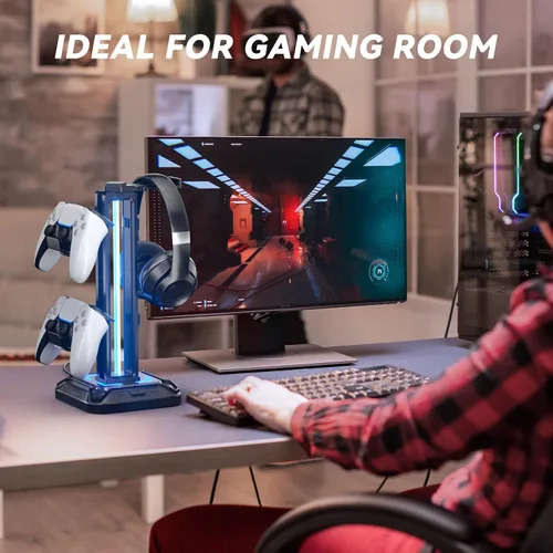 Vista 7 de KDD RGB Headset Stand with 9 Light Modes - Controller Holder for Desk - Rotatable Headphone Stand & Detachable Controller Hook for PC Earphone