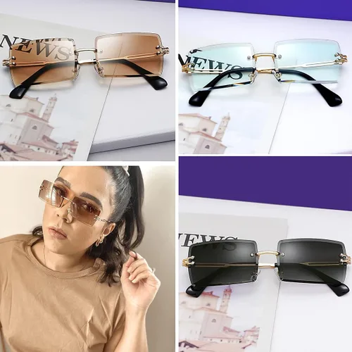 Vista 3 de Tskestvy Gafas de sol rectangulares sin montura para mujeres y hombres gafas de moda de los años 90 accesorios Y2K