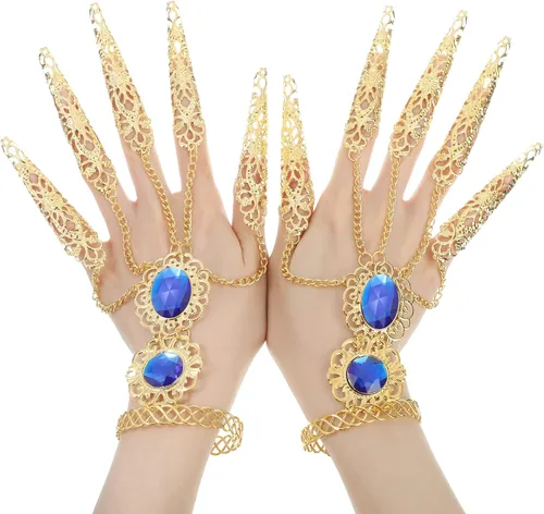 Vista 7 de Maitys 2 pulseras de oro con incrustaciones de acrílico para mujer, pulsera egipcia gitana para danza del vientre, con uñas de dedo, disfraz de Rubí