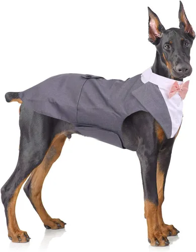 Vista 15 de QBLEEV Esmoquin para perros pequeños, conjunto de traje y bandana, traje de boda con corbatín, disfraz formal de esmoquin para Halloween, Navidad